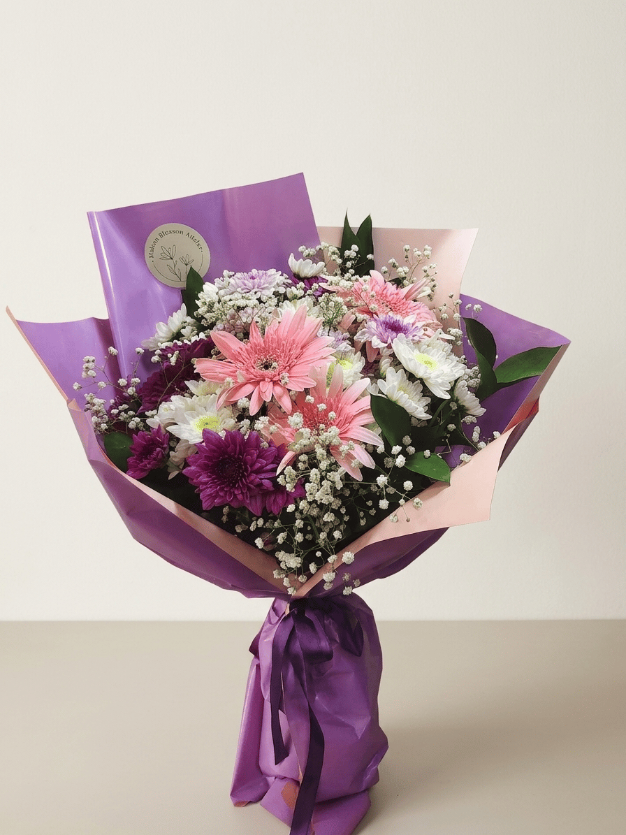 Pembe ve mor ambalajla hazırlanan gerbera, krizantem ve cipso buketinin önden tam boy görünümü.